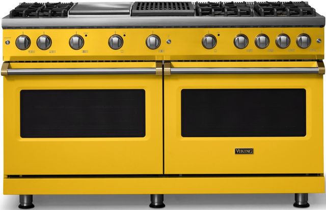 Viking® 5 Series 60" Daffodil Pro Style Gas (NG) Range with Brushed Brass Trim-0