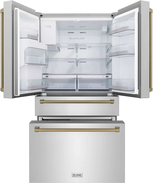 ZLINE Autograph Edition 36" 21.6 Cu. Ft. Fingerprint Resistant Stainless Steel Counter Depth French Door Refrigerator with Water/Ice Dispenser and Champagne Bronze Traditional Handles-1