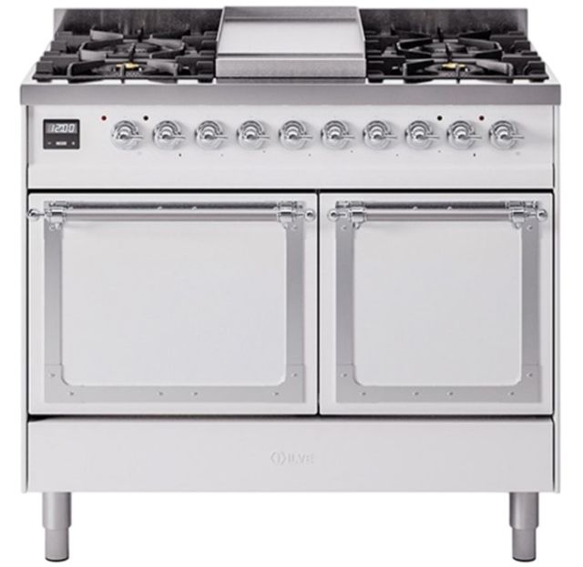 Ilve® Nostalgie II Noblesse 40'' White Pro Style Dual Fuel Range with Chrome Trim-0