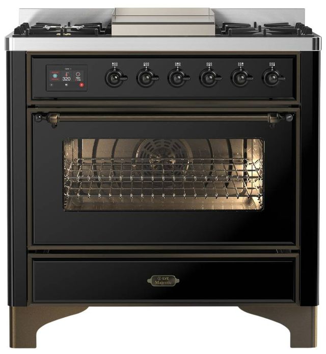 Ilve® Majestic III 36" Glossy Black Pro Style Dual Fuel Liquid Propane Range with Triple Glass Door and Burnished Trim-0