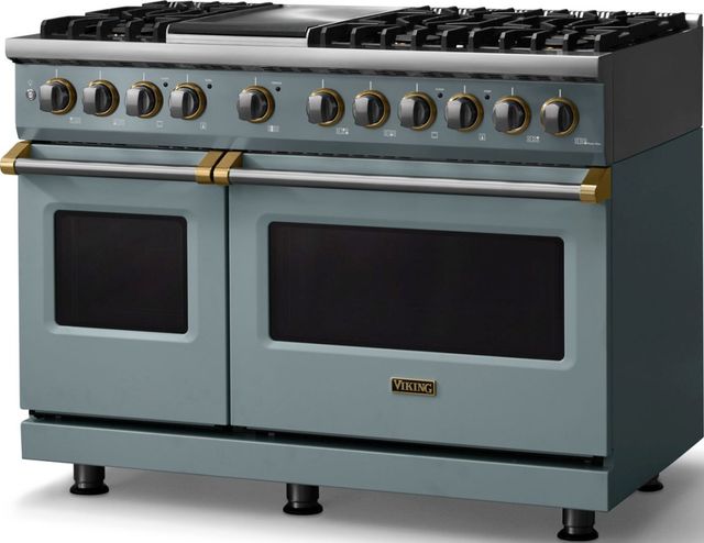 Viking® 5 Series 48" Novembery Sky Pro Style Dual Fuel (LP) Range with Brushed Brass Trim-3