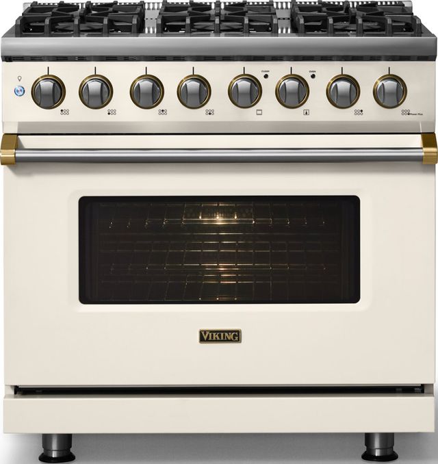 Viking® 5 Series 36" Pure White Pro Style Dual Fuel (NG) Range with Brushed Brass Trim-2