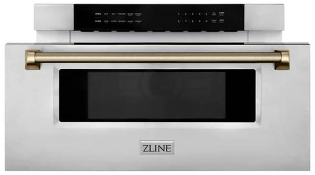 ZLINE Autograph Edition 30" 1.2 Cu. Ft. Stainless Steel Built-in Microwave Drawer with Champagne Bronze Helix Handle-3