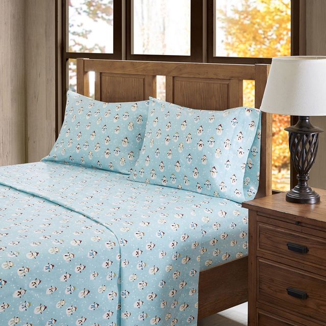 Olliix by True North by Sleep Philosophy Blue Snowmen King Cozy 100% Cotton Flannel Printed Sheet Set-3