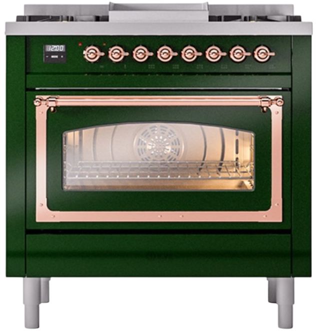 Ilve® Nostalgie II Noblesse 36'' Emerald Green Pro Style Dual Fuel Range with Copper Trim-1