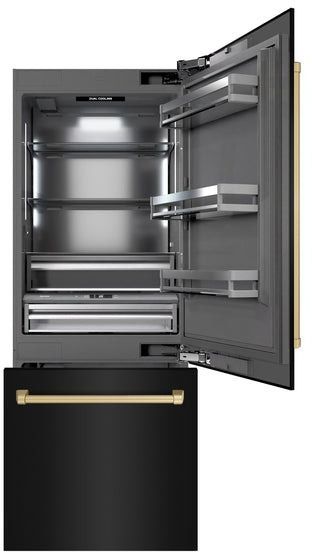 ZLINE Autograph Edition 30" 16.1 Cu. Ft. Black Stainless Steel Built In Bottom Freezer Refrigerator with Graphite Gray Interior and Polished Gold Accents-1