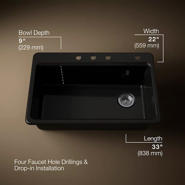 KOHLER® Riverby® Black 33" 4-Faucet Hole Top-Mount Single-Bowl Kitchen Sink-3