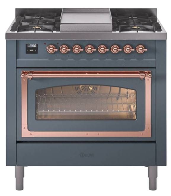 Ilve® Nostalgie II Noblesse 36'' Blue Gray Pro Style Dual Fuel Range with Copper Trim-0