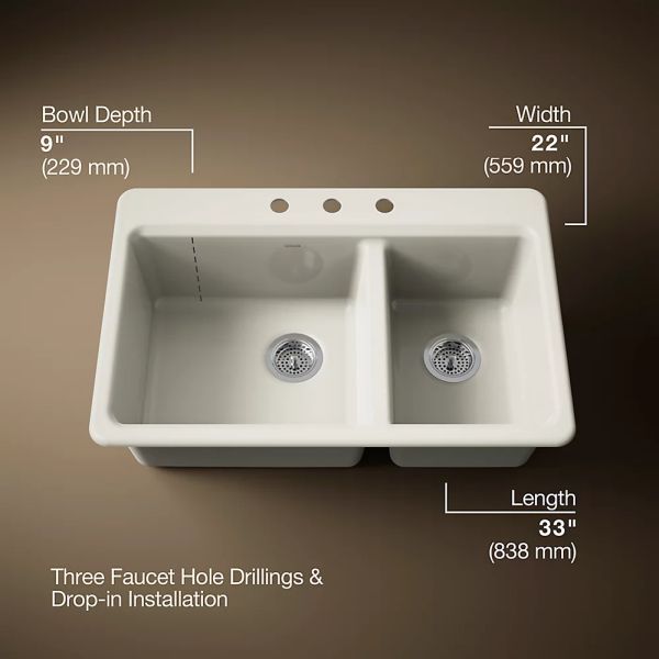 KOHLER® Riverby® Biscuit 33" 3-Faucet Hole Top-Mount Double-Bowl Workstation Kitchen Sink-3