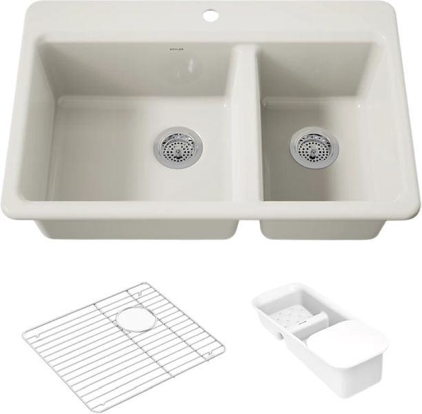 KOHLER® Riverby® Biscuit 33" 1-Faucet Hole Top-Mount Double-Bowl Workstation Kitchen Sink-0