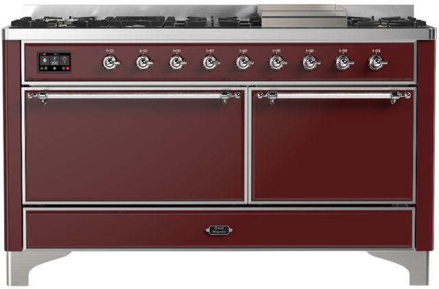 Ilve® Majestic III 60" Burgundy Pro Style Dual Fuel Natural Gas Range with Solid Door and Chrome Trim-0