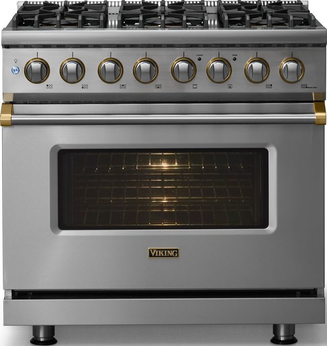 Viking® 5 Series 36" Stainless Steel Pro Style Dual Fuel (NG) Range with Brushed Brass Trim-2