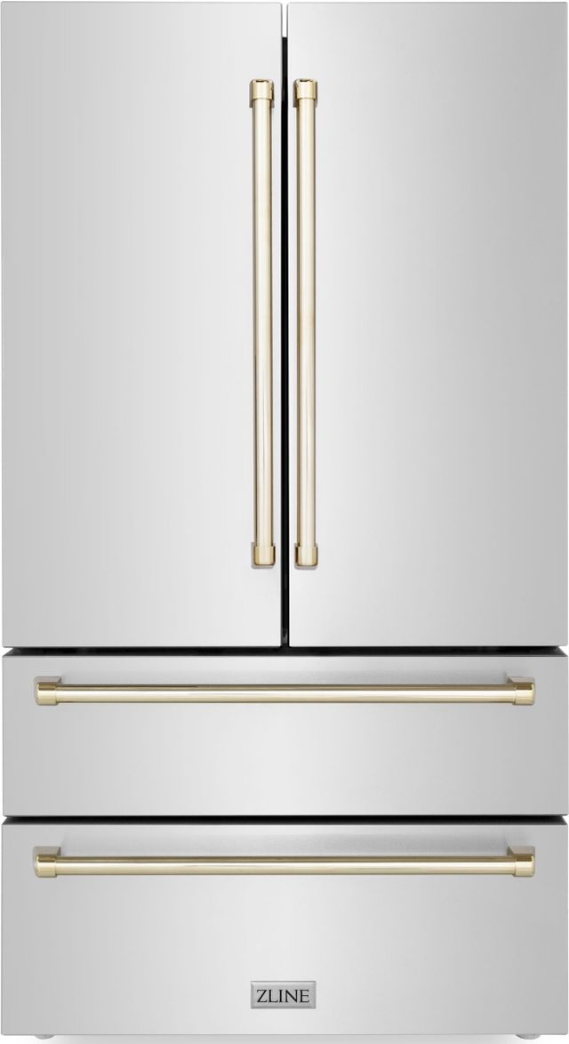 ZLINE Autograph Edition 36" 22.5 Cu. Ft. Fingerprint Resistant Stainless Steel Counter Depth French Door Refrigerator with Polished Gold Traditional Handles-0