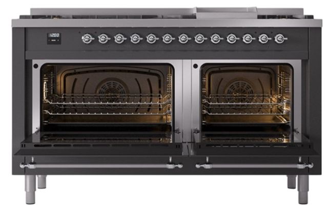 Ilve® Nostalgie II Noblesse 60'' Graphite Matte Pro Style Dual Fuel Range with Chrome Trim-1