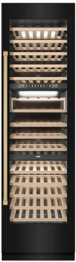 ZLINE Autograph Edition 24 in. 12.4 cu. ft. Triple Zone 100 Bottle Column Wine Cooler in Black Stainless Steel and Champagne Bronze Accents (RCWVZ-BS-24-CB)