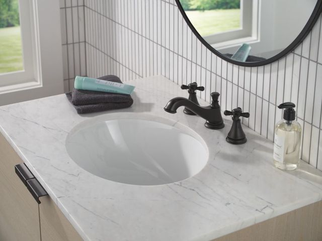 Delta Cassidy® Matte Black Widespread Bathroom Faucet - Low Arc Spout - Less Handles-2