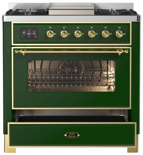 Ilve® Majestic III 36" Emerald Green Pro Style Dual Fuel Natural Gas Range with 6 Black Brass Burners and Brass Trim-2