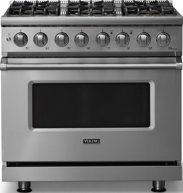 Viking® 5 Series 36" Stainless Steel Pro Style Dual Fuel (LP) Range with Polished Chrome Trim-0