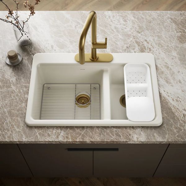 KOHLER® Riverby® Biscuit 33" 3-Faucet Hole Top-Mount Double-Bowl Workstation Kitchen Sink-1