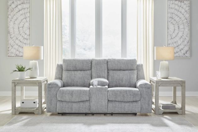 Benchcraft® Buntington Pewter Double Manual Reclining Loveseat with Console-4