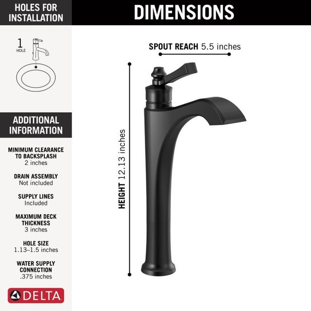 Delta Dorval® Matte Black Single Handle Vessel Bathroom Faucet-3