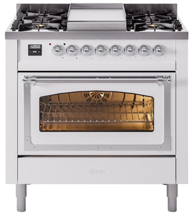 Ilve® Nostalgie II Noblesse 36'' White Pro Style Dual Fuel Range with Chrome Trim-0
