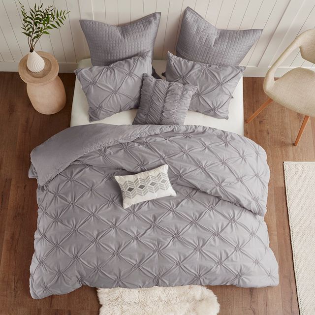 Olliix by Urban Habitat 7 Piece Grey Full/Queen Talia Elastic Embroidered Chambray Duvet Set-0