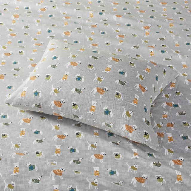 Olliix by True North by Sleep Philosophy Grey Dogs Queen Cozy 100% Cotton Flannel Printed Sheet Set-1