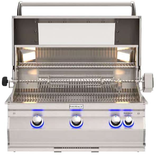 Fire Magic® Aurora 30" 3-Burner Stainless Steel Built In Left Analog Propane Gas Grill with Backburner and Rotisserie Kit-0