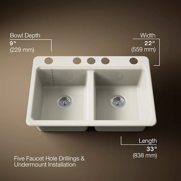 KOHLER® Riverby® Biscuit 33" Undermount Double-Equal Bowl Workstation Kitchen Sink with Accessories-3