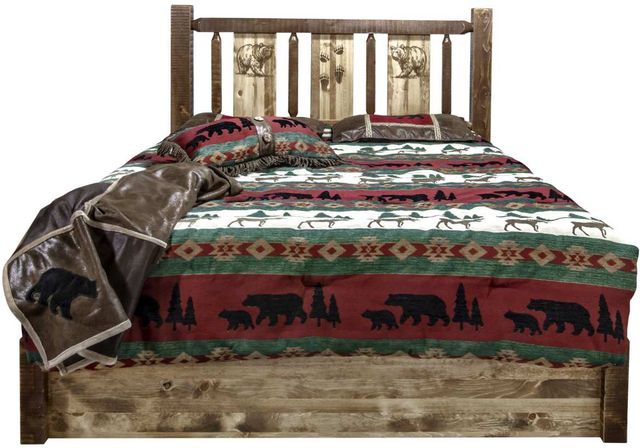 Montana Woodworks® Homestead Stain & Clear Lacquer Twin Platform Storage Bed with Laser Engraved Bear Design-1