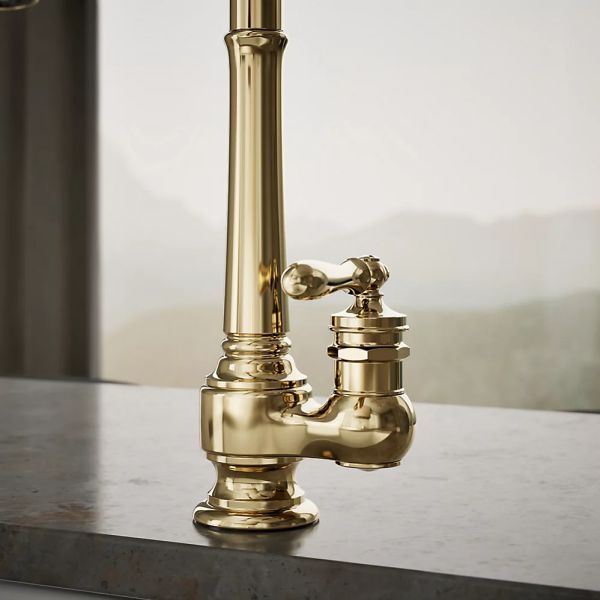 KOHLER® Artifacts® Vibrant French Gold Kitchen Sink Faucet with 3-Function Sprayhead and Unique Handle-4