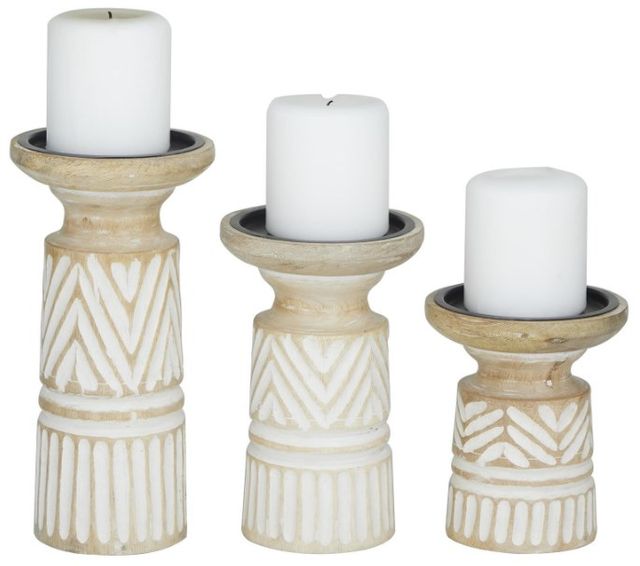 Deco Marche 3-Piece Light Brown Carved Tribal Pillar Candle Holder Set-1