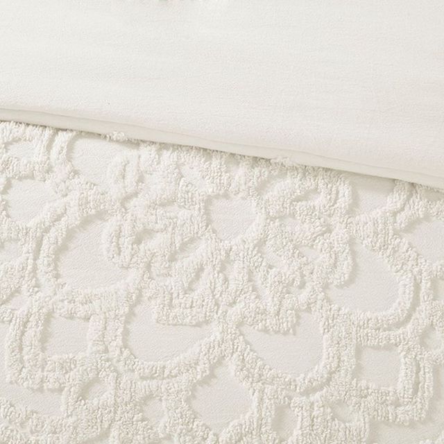 Olliix by Madison Park Ivory Full/Queen Laetitia Tufted Cotton Chenille Medallion Duvet Cover Set-4