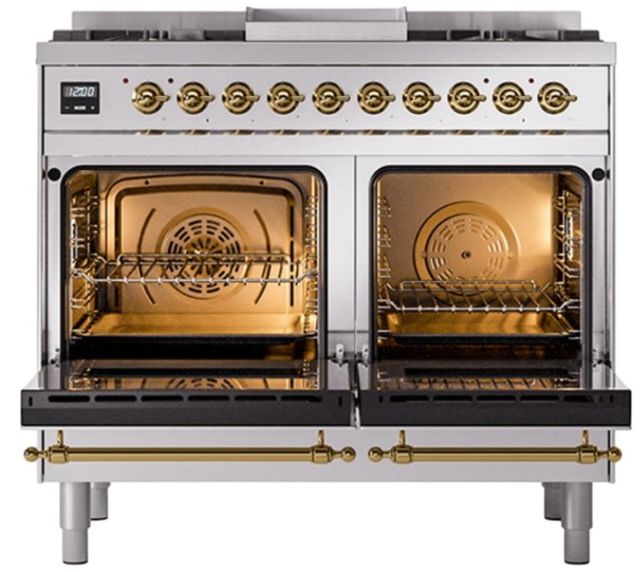 Ilve® Nostalgie II Noblesse 40'' White Pro Style Dual Fuel Range with Brass Trim-1