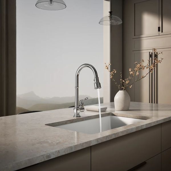 KOHLER® Artifacts® Polished Chrome Kitchen Sink Faucet with 3-Function Sprayhead and Unique Handle-2