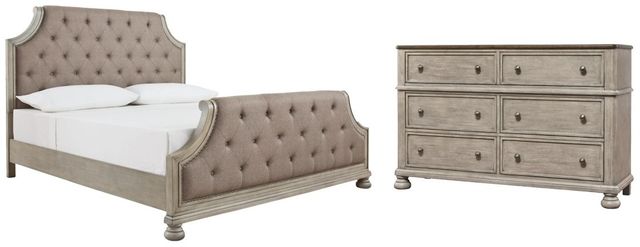 Benchcraft® Falkhurst 4-Piece Gray King Upholstered Panel Bed Set-0