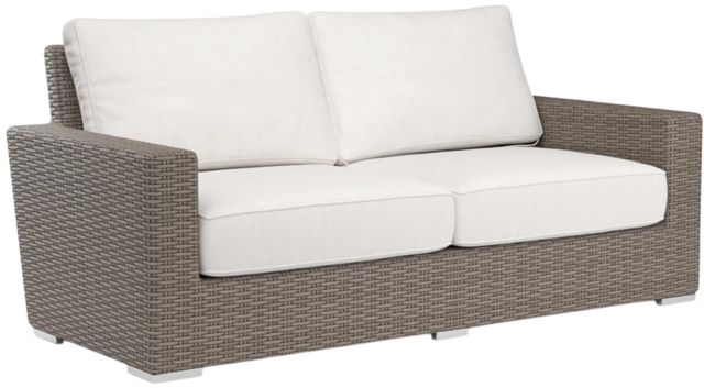 Sunset West Coronado Driftwood Resin Wicker Outdoor Loveseat with Canvas Flax Cushion-0