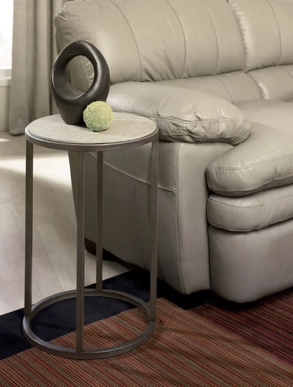Hammary® Modern Basics Brown Marble Top Round End Table with Antique Silver Base-1