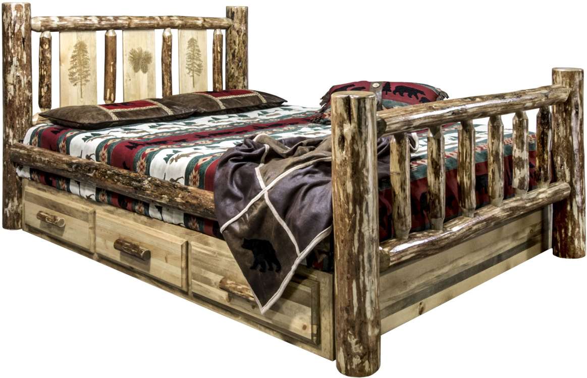 Montana Woodworks® Glacier Country Stain & Clear Lacquer King Storage Bed with Laser Engraved Pine Design