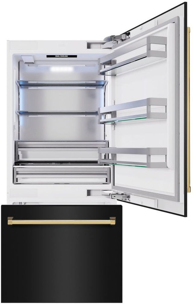 ZLINE Autograph Edition 36" 19.8 Cu. Ft. Black Stainless Steel Built-In Bottom Freezer Refrigerator with Water Dispenser, Ice Maker and Polished Gold Accents-1