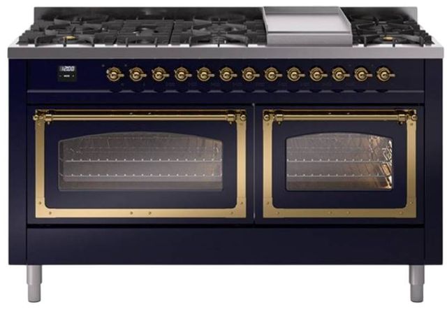 Ilve® Nostalgie II Noblesse 60'' Midnight Blue Pro Style Dual Fuel Range with Brass Trim-0