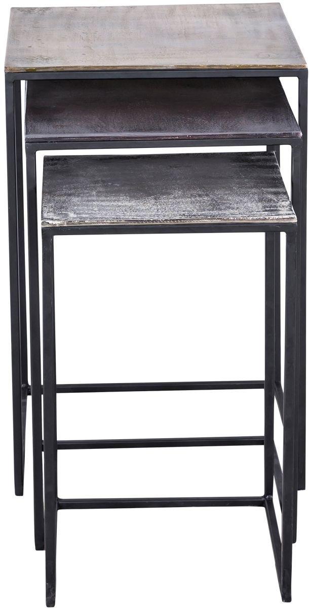 Renwil ® Threefold 3-Piece Nickel Top Nesting Tables with Black Metal Base-1