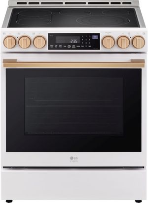 front view of the LG Studio 30" Essence White Slide In Electric Range