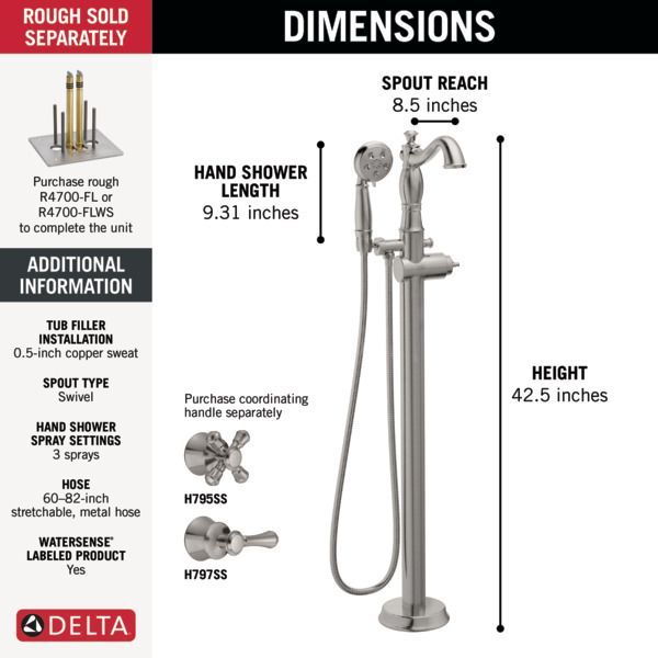Delta Cassidy® Stainless Single Handle Floor Mount Tub Filler Trim with Hand Shower -2