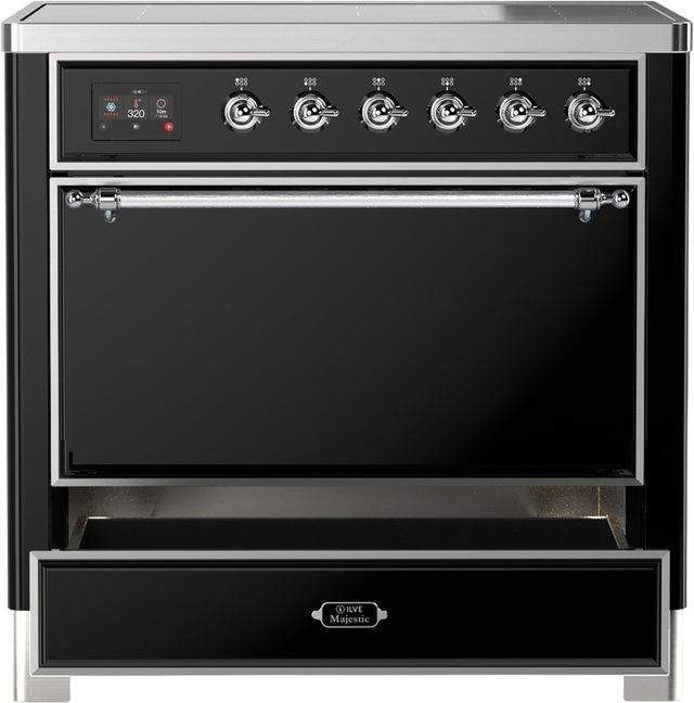 Ilve® Majestic III 36" Glossy Black Pro Style Induction Range with Solid Door and Chrome Trim-3