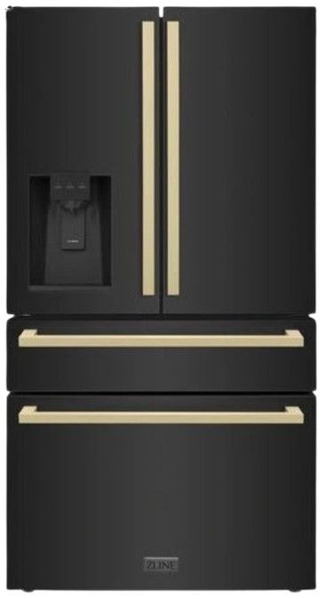 ZLINE Autograph Edition 36". 21.6 Cu. Ft. Fingerprint Resistant Black Stainless Steel Counter Depth French Door Refrigerator with Champagne Bronze Modern Handles-0