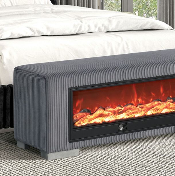 Furniture of America® Elnath Gray Bench with Visual Wood Log Fireplace-2