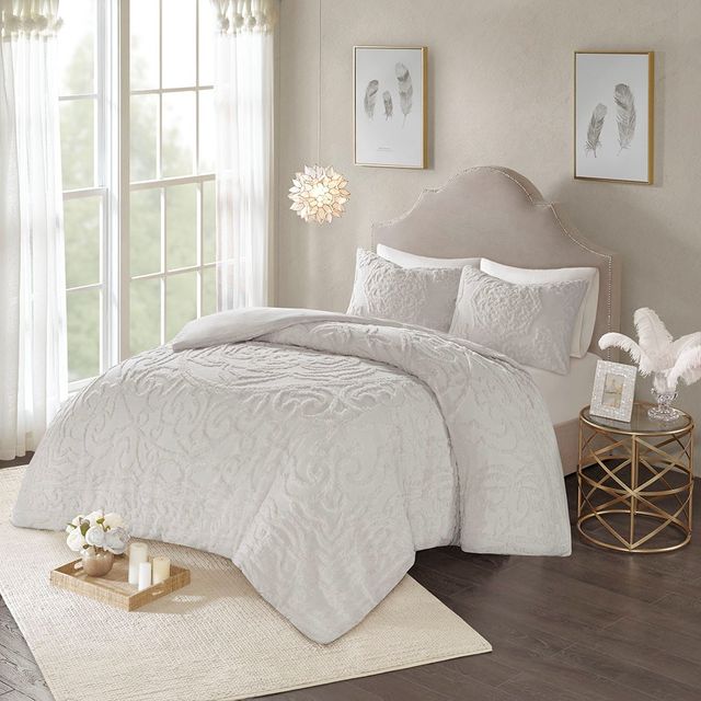 Olliix by Madison Park Grey King/California King Laetitia Tufted Cotton Chenille Medallion Duvet Cover Set-2
