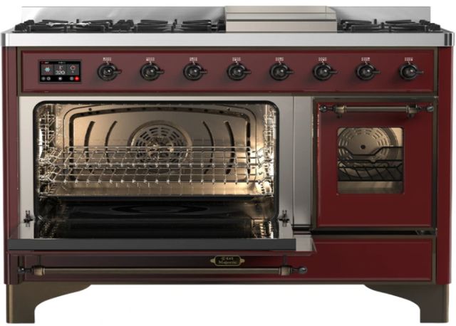 Ilve® Majestic III 48" Burgundy Pro Style Dual Fuel Liquid Propane Range with Triple Glass Door and Burnished Trim-3